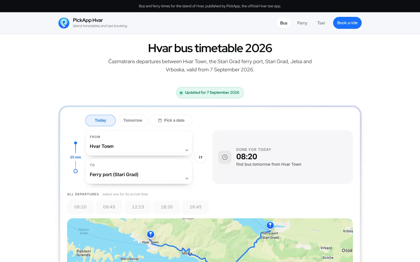 Vozni red autobusa, s rutom na karti.